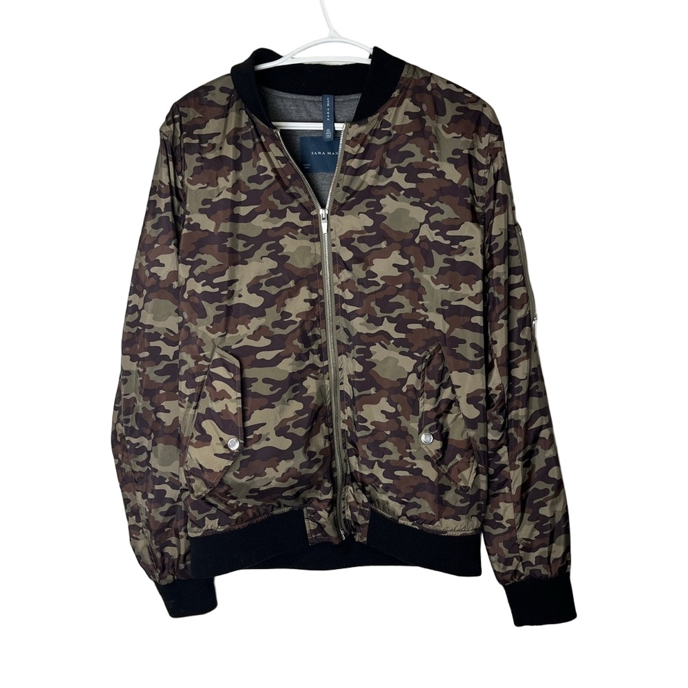 Zara Men Camo Print Bomber Jacket Large Green Military Army Streetwear Y2K